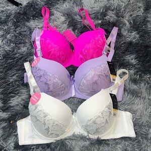 Lace Trimmed Bra Set - Pink, Purple, and White
